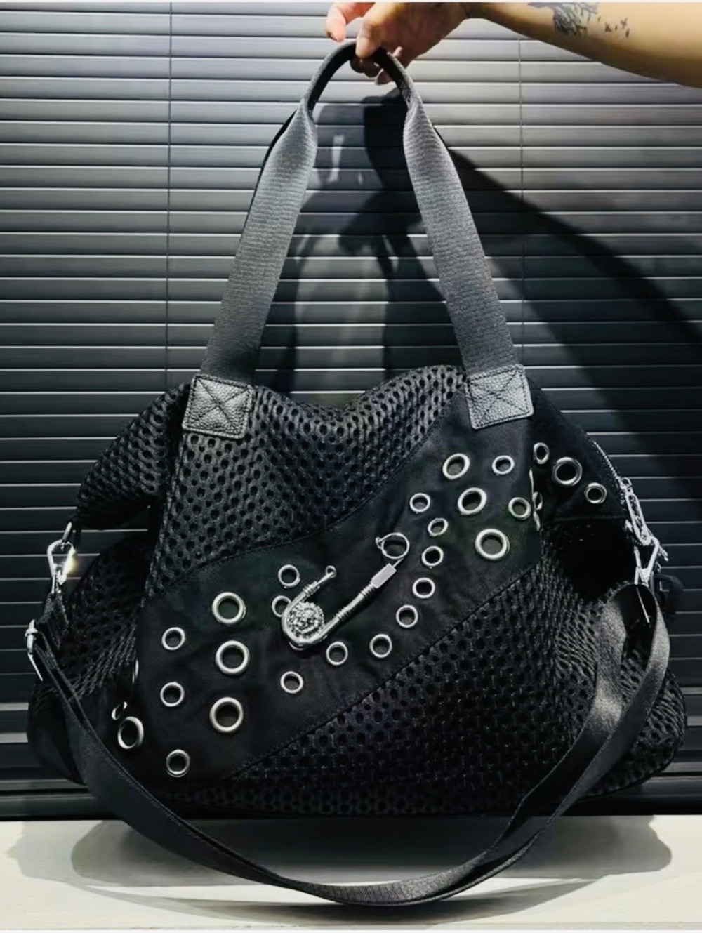 New -Gorgeous -XL Safety Pin Studded Fashion Shoulder Bag/Tote -Black